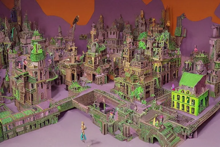 Prompt: mc escher and hr giver inspired neon lighted claymation diorama of the huge steampunk citadel by wes anderson