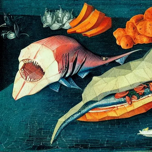 Image similar to flaming calssical iridescent rivulet rectangle shark papaya can burger , by Juan Giménez and Sandro Botticelli and Hieronymus Bosch , Low poly , flat shading , child's drawing