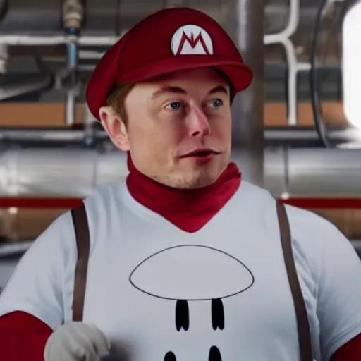 Prompt: a still of Elon Musk as Mario from Mario Bros.