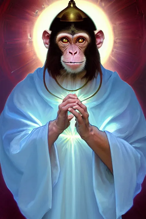 Prompt: bizantine icon portrait of a monkey dressed as a priest, radiant halo, blessing pose, by greg rutkowski and alphonse mucha, d & d character, gradient cyan to white, painted clouds background, highly detailed portrait, digital painting, artstation, concept art, smooth, sharp focus ilustration, artstation hq