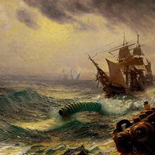 Image similar to realistic detailled matte painting of a gigantic golden metallic shining water snake with hundred tentacles coming out of the ocean, fighting a heavy burning pirate ship firing back with canons, in the middle of a heavy rain storm, impressionism, by andreas achenbach, anton otto fischer, andreas rocha, 8 k, dynamic lighting, vivid colors