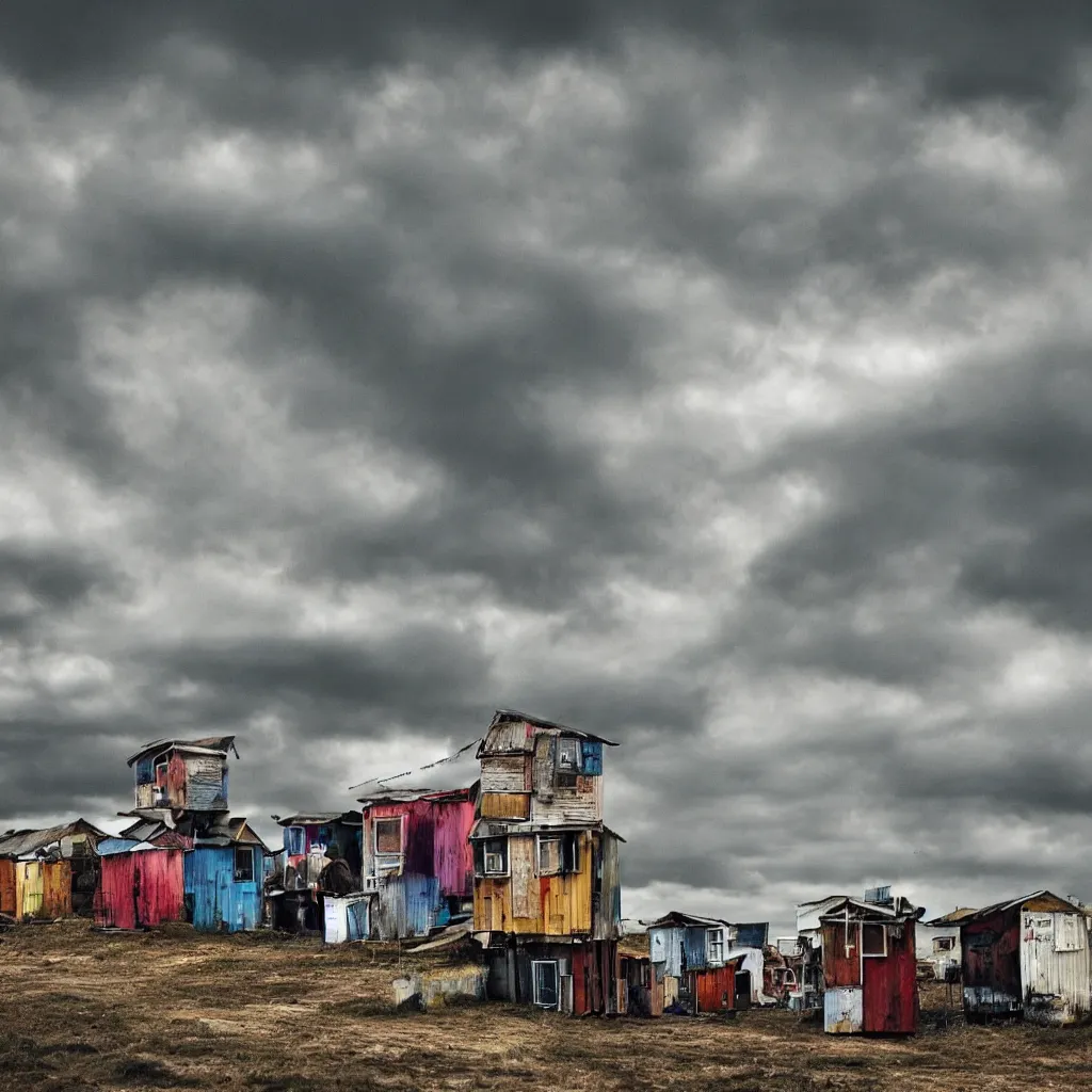 Image similar to towers made up of colourful makeshift squatter shacks, bleached colours, moody cloudy sky, dystopia, mamiya, very detailed, photographed by ansel aams