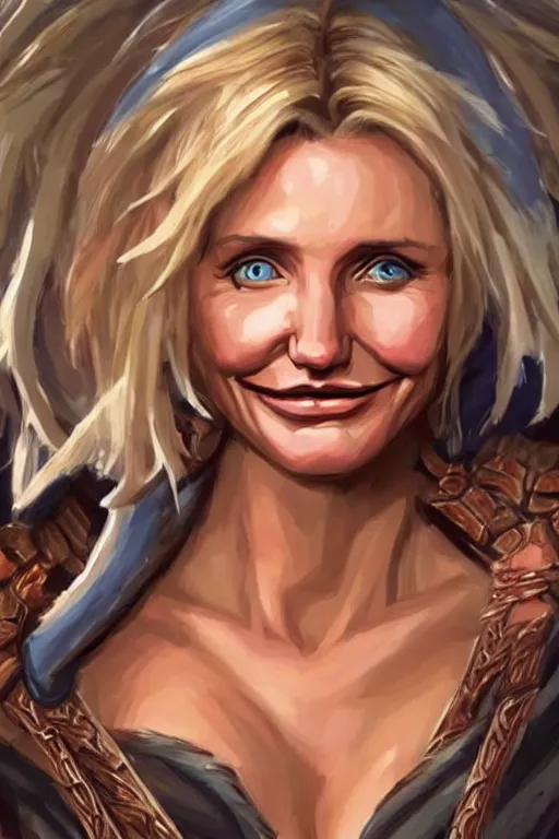 Prompt: cameron diaz portrait as a dnd character fantasy art.