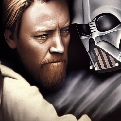 Prompt: obi wan hugging darth vader, artstation hall of fame gallery, editors choice, #1 digital painting of all time, most beautiful image ever created, emotionally evocative, greatest art ever made, lifetime achievement magnum opus masterpiece, the most amazing breathtaking image with the deepest message ever painted, a thing of beauty beyond imagination or words, 4k, highly detailed, cinematic lighting