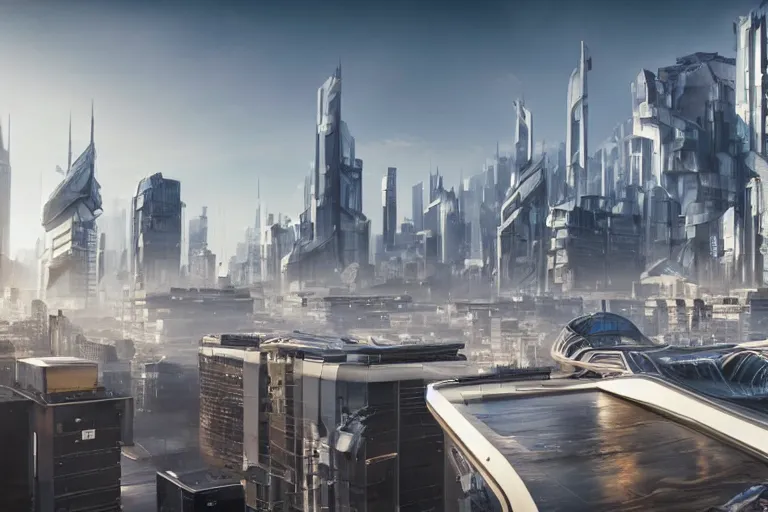 Image similar to rooftop view of a futuristic city highly detailed, photorealistic portrait, bright studio setting, studio lighting, crisp quality and light reflections, unreal engine 5 quality render