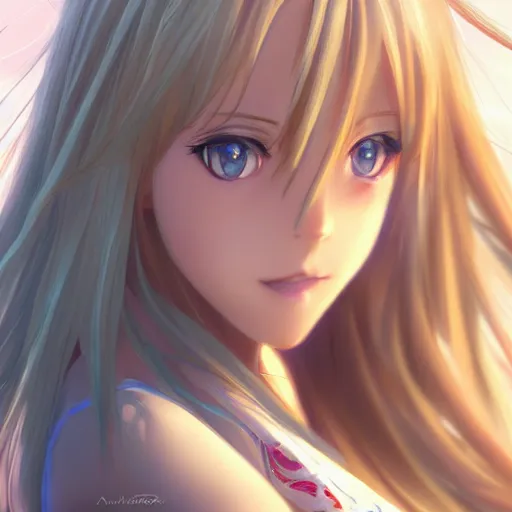 Prompt: a very beautiful mature yuuki asuna, full body, long wavy blond hair, sky blue eyes, full round face, bikini, miniskirt, front view, mid - shot, cute pose, highly detailed, cinematic wallpaper by stanley artgerm lau