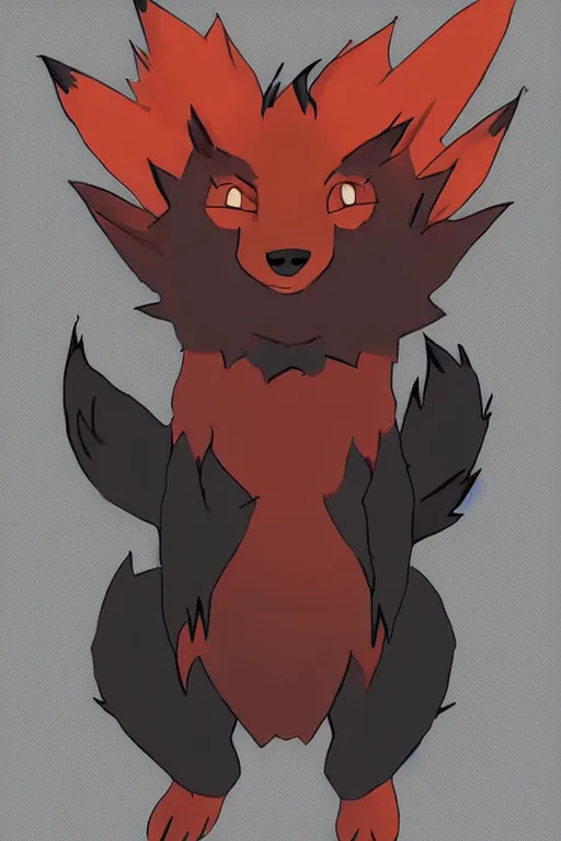 Image similar to zorua pokemon, stylised fox - like appearance, black and auburn colour pallet, thick furry neck and chest fluff, stylised 🖌 - like hair, pokemon concept art with multiple angles, super detailed, clean lines, digital art