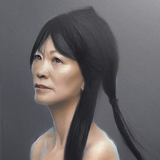 Image similar to Portrait of a woman by Greg Rutkowski, she is about 50 years old, japanese, black straight hair, attractive, elegant, airs of superiority, she is wearing black and white utilitarian jumpsuit, highly detailed portrait, digital painting, artstation, concept art, smooth, sharp foccus ilustration, Artstation HQ.