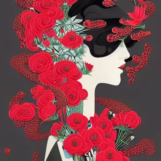 Image similar to 2 d generative art, detailed concept art painting art deco pattern black diamonds + red flowers and diamonds by hsiao - ron cheng, no humans, exquisite detail