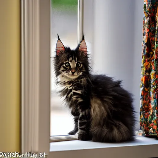 Prompt: medium - shot view from the back of a backlit maine coon kitten gazing out a window at flowers on a sunny day. 3 5 mm, f / 1 1. 0, iso 2 0 0, hdr