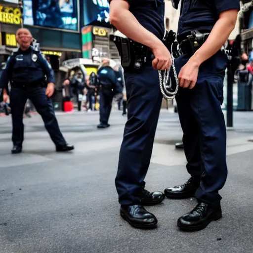 Image similar to 2 police officers handcuffing each other, smiling, time square, 4 k, photography