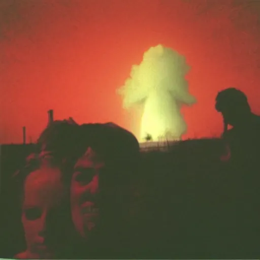 Image similar to last human selfie, horror color photo selfie, nuclear explosion in background