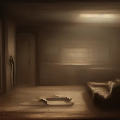 Image similar to wide shot of a completely dark family room in a house, at the bottom of a baseboard dim light emanates from a mouse hole, 8K, 4K, digital art, concept art, art station, solace, tranquil, dusty.