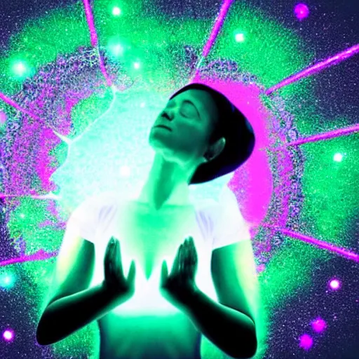 Prompt: A Woman meditating about the 12 petals of the heart chakra lotus in a cosmic universe beauty lady close up bokeh hiperrealistic neon glow darkness dramatic neon