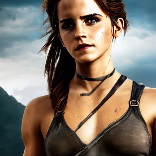 Image similar to Emma Watson modeling as Lara Croft from Zelda, (EOS 5DS R, ISO100, f/8, 1/125, 84mm, postprocessed, crisp face, facial features)