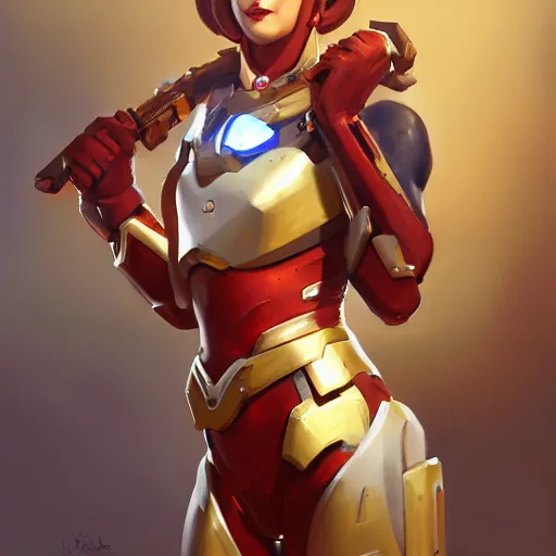 Image similar to greg manchess portrait painting of a female ironman as overwatch character, medium shot, asymmetrical, profile picture, organic painting, sunny day, matte painting, bold shapes, hard edges, street art, trending on artstation, by huang guangjian, gil elvgren, ruan jia, greg rutkowski, gaston bussiere