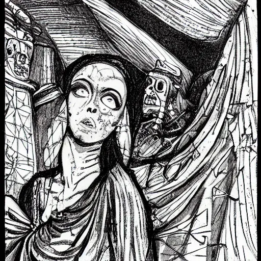 Image similar to in the tomb of empress sissi, vienna, austria, beautiful woman, zombie, pen and ink, line art