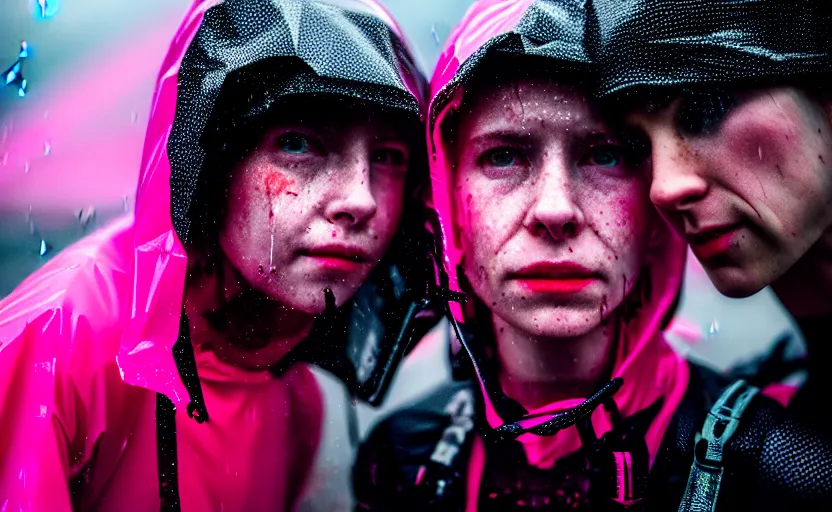 Image similar to cinestill 5 0 d candid photographic portrait by helen levitt of two cyborgs wearing rugged neon pink mesh techwear in treacherous waters, extreme closeup, modern cyberpunk moody depressing cinematic, pouring rain, 8 k, hd, high resolution, 3 5 mm, f / 3 2, ultra realistic faces, ex machina