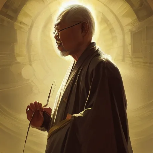 Image similar to mr miyagi is god, portrait, intricate, detailed, volumetric lighting, scenery, digital painting, highly detailed, artstation, sharp focus, illustration, artstation, art by artgerm and greg rutkowski and alphonse mucha