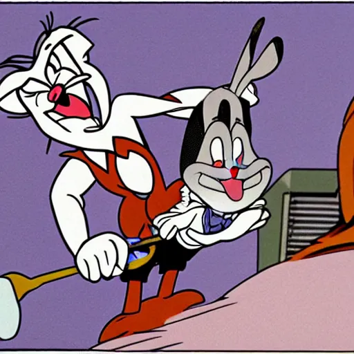 Image similar to bugs bunny smacking donald trump on the back with a club and sending him flying, cartoon, looney toons
