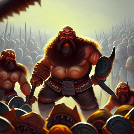 Image similar to painting of a single dwarven berserker facing a crew of crazy goblin warriors in deadly combat on a gladiator pit, sharp focus, high symmetry, award - winning, trending on artstation, masterpiece, highly detailed, intricate. art by eric deschamps