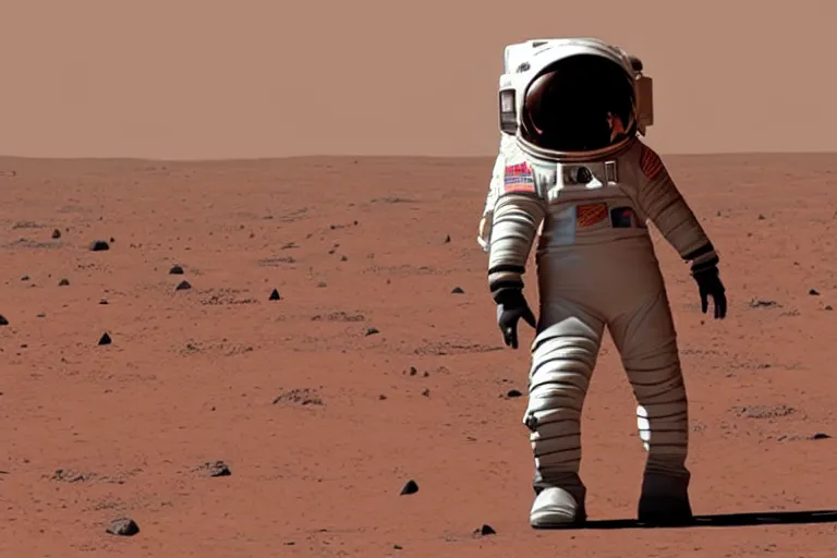 Prompt: female astronaut taking the first steps on mars in futuristic soacesuit, landed spaceship in background