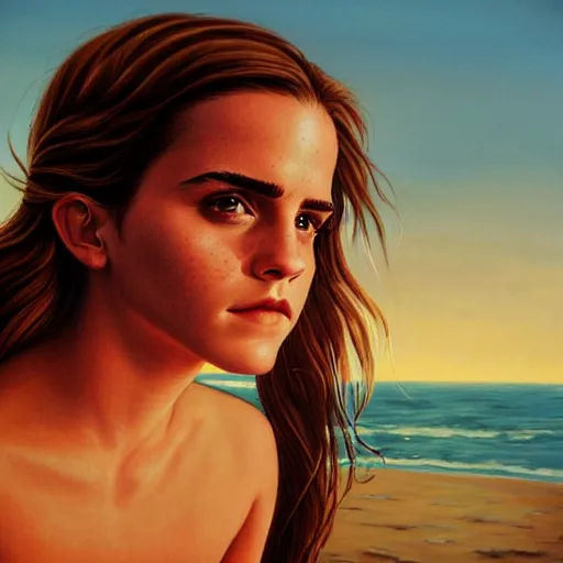 Prompt: portrait of emma watson on the beach at sunset, looking scared, dramatic lighting, high - res, greg rutkowski