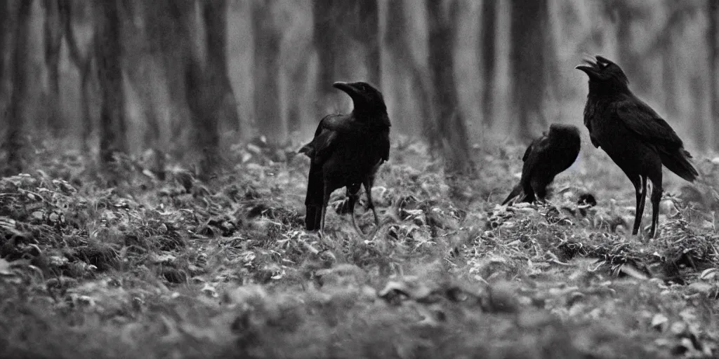 Prompt: mixture between an!! crow and! wolf, photograph captured in a dark forest