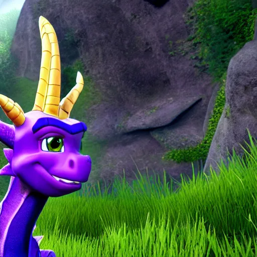 Image similar to Hyperrealistic photo of real life Spyro the Dragon, 4k