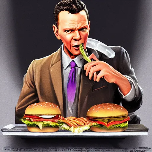 Prompt: a highly detailed epic cinematic concept art CG render digital painting artwork costume design: Frank Sinatra as a 1920s gangster eating a massive hamburger, voluptuous sesame seed bun, extra ketchup and pickles and onions . By Greg Rutkowski, Ilya Kuvshinov, WLOP, Stanley Artgerm Lau, Ruan Jia and Fenghua Zhong, trending on ArtStation, made in Maya and Photoshop, octane render, excellent composition, cinematic atmosphere, dynamic dramatic cinematic lighting, aesthetic, very inspirational, arthouse