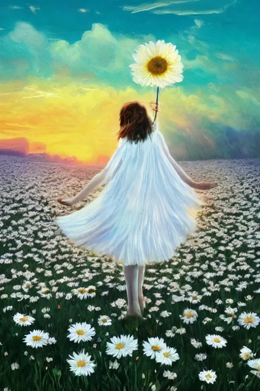 Image similar to giant white daisy flower as head, girl dancing in a flower field, surreal photography, sunrise, dramatic light, impressionist painting, colorful clouds, digital painting, artstation, simon stalenhag