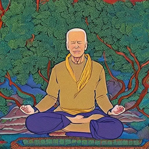 Prompt: joe biden meditates under the bodhi tree, tempera on wood