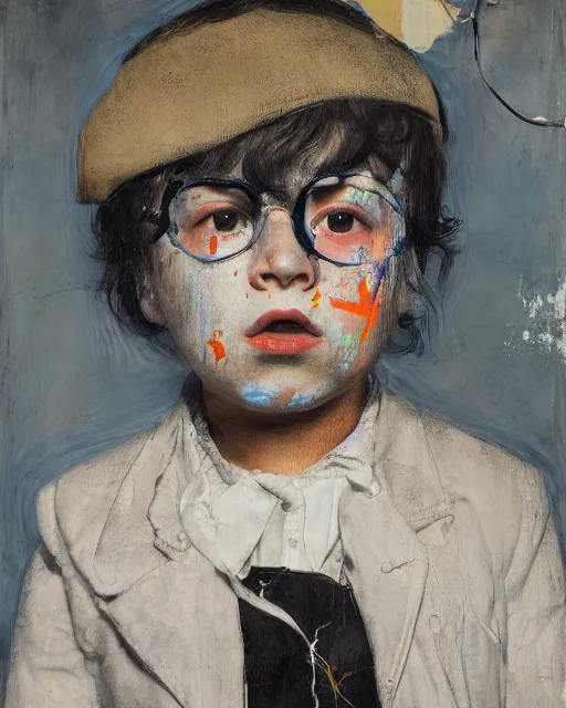 Image similar to portrait of a child in tuxedo painted by vincent lefevre and hernan bas and pablo amaringo and pat steir and hilma af klint, background in high definition 3 d, psychological, photorealistic, dripping paint, washy brush, rendered in octane, altermodern, masterpiece