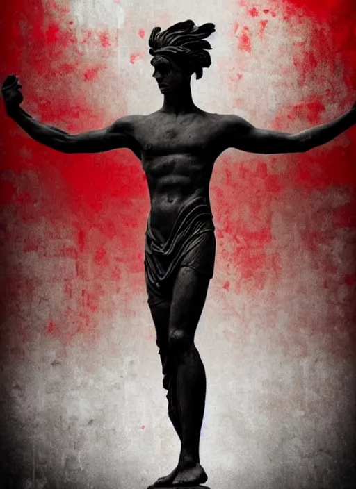 Prompt: elegant dark design poster showing a large greco roman statue, black background with very subtle red and purple design elements, bold, powerful, nekro, vito acconci, thin straight purple lines, dark, glitch art, neo vaporwave, gritty, layout frame, square, trending on artstation