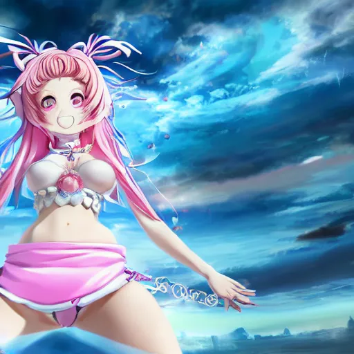 Image similar to stunningly beautilful omnipotent megalomaniacal anime goddess who looks like junko enoshima with symmetrical perfect face and porcelain skin, pink twintail hair and cyan eyes, taking control while smiling, mid view from below her feet taken in an extremely low angle, hyperdetailed, digital art, unreal engine 5, 2 d anime style, 8 k