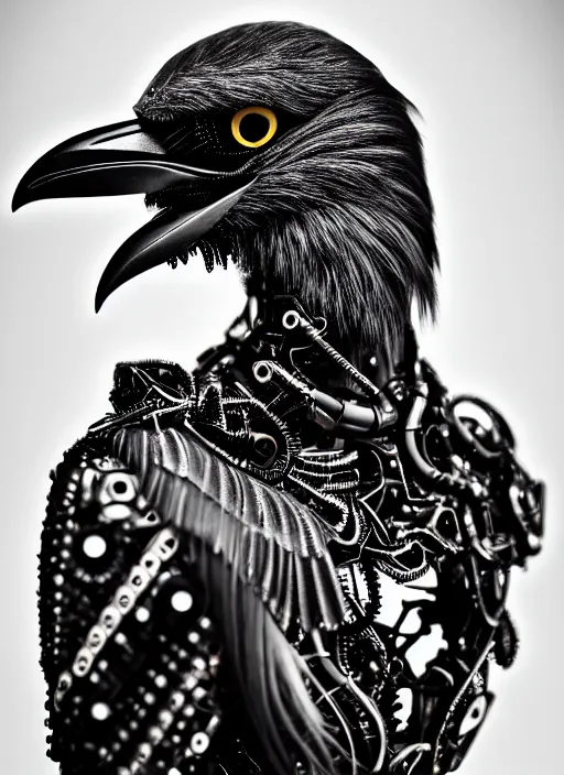 Image similar to a stunning young female crow mixed cyborg profile face, face is made intricate tribal bio - mechanical, editorial photography, bw, shot on 7 0 mm, depth of field, f / 2. 8, high contrast, 1 6 k, volumetric lighting, shiny, insanely detailed and intricate, hypermaximalist, elegant, ornate, hyper realistic, super detailed