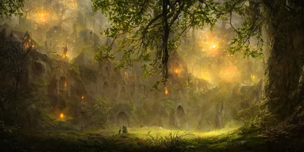 Image similar to medieval castle in a mystical forest, glowing flies scattered, high focus, high detail, artgerm, cgsociety