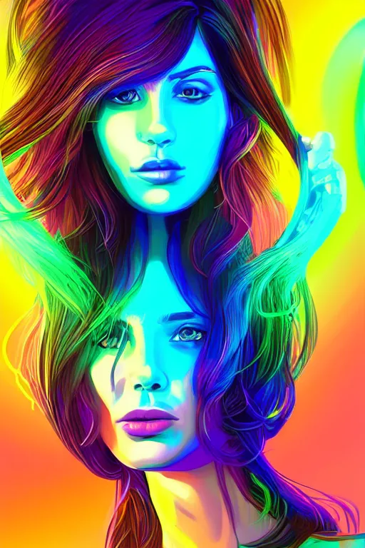 Image similar to a award winning half body portrait of a beautiful woman with stunning eyes in a croptop and cargo pants with rainbow colored ombre hairstyle head in motion and hair flying by thomas danthony, surrounded by whirling illuminated neon lines, outrun, vaporware, shaded flat illustration, digital art, trending on artstation, highly detailed, fine detail, intricate