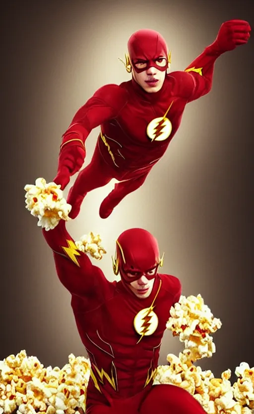 Image similar to ezra miller as flash eating popcorn, very realistic, trendin on artstation