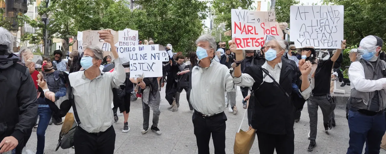 Prompt: a middle aged stubbly caucasian scientist with short dark hair and a surgical mask protesting and yelling to someone off camera