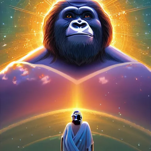 Prompt: the second coming of harambe as jesus by dan mumford, yusuke murata, makoto shinkai, ross tran, cosmic, heavenly, god rays, intricate detail, cinematic, 8 k, cel shaded, unreal engine, featured on artstation, pixiv