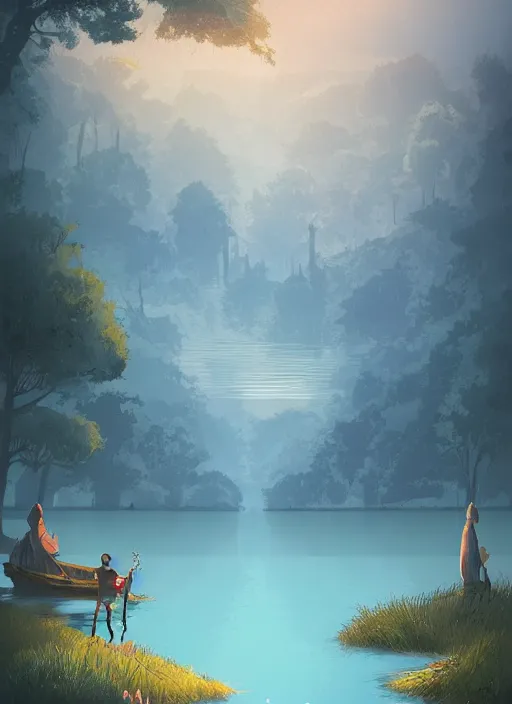 Image similar to a beautiful lake, poster art by emiliano ponzi, behance contest winner, environmental art, matte drawing, storybook illustration, 2 d game art