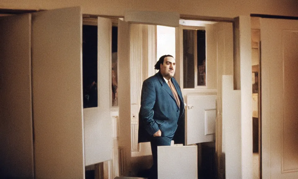 Prompt: photo of tony soprano trapped in the backrooms frantically searching for an exit, unsettling, offputting, cinestill 8 0 0 t