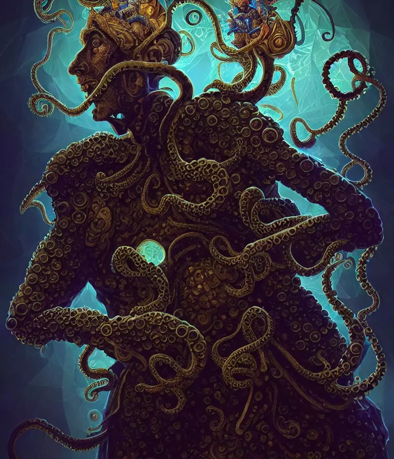 Image similar to front!!! shot of a court jester!!! character, mesmerizing fractal hypercubes, tentacles, dark holography!!!, future, metallic galactic, crystalline edges, polygonal, elegant, highly detailed, centered, (((artstation, concept art, jagged, sharp focus, artgerm, Tomasz Alen Kopera, Peter Mohrbacher, donato giancola, Joseph Christian Leyendecker, WLOP, Boris Vallejo))), ((raytracing)), mugshot!!!!!, ugly!!!!!!, octane render, nvidia raytracing demo, octane render, nvidia raytracing demo, octane render, nvidia raytracing demo, 8K