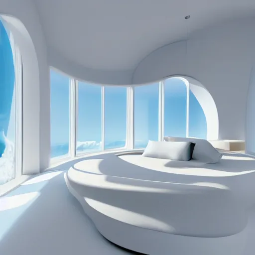 Prompt: white zen clean modern minimalist white room with large circular window with ocean view, frozen and covered in ice, by peter tarka in an ivory room well contoured smooth fair walls, up close shot, sharp focus, zen, clean, modern minimalist, zaha hadid octane highly render, 4 k, ultra hd,