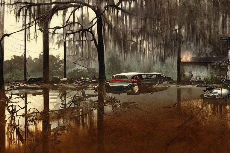 Image similar to scene from louisiana swamps, old protestant church with neon satanic pentagram, junkyard by the road, boy scout troop, voodoo artwork by tim eitel