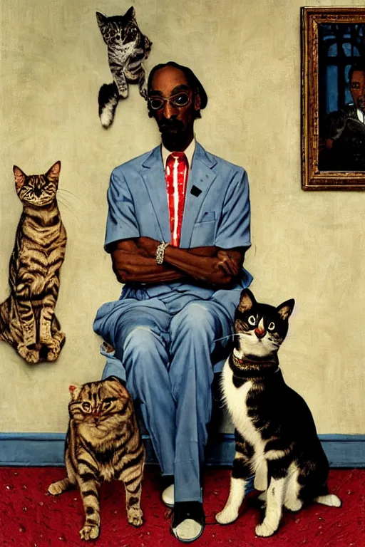 Image similar to snoop dogg and his cats painted by Norman Rockwell