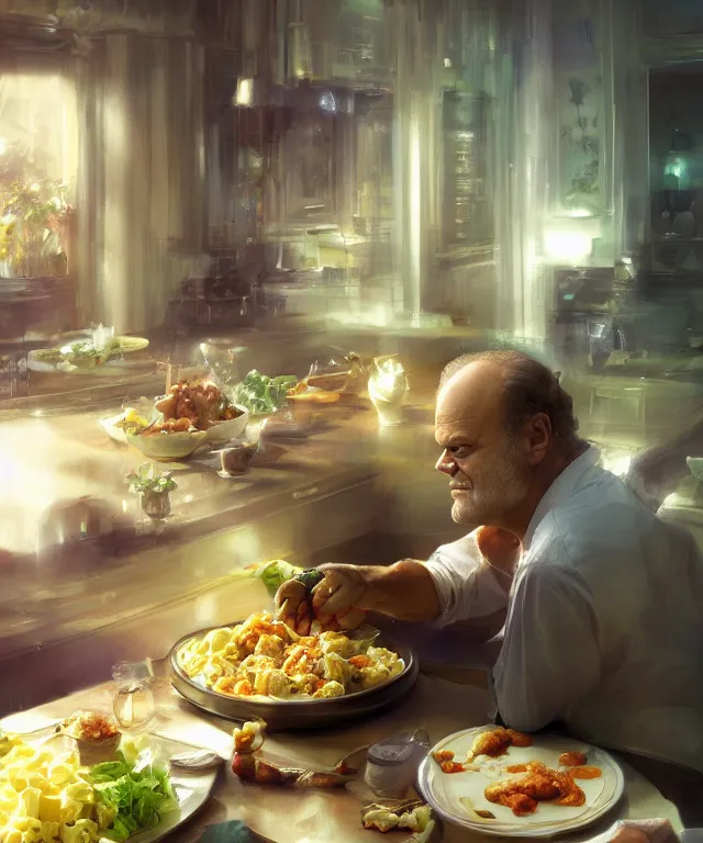 Image similar to kelsey grammer, cinematic, making tossed salad, and scrambled eggs, elegant, highly detailed, digital painting, artstation, smooth, hard focus, illustration, art by jessica rossier and and brian froud