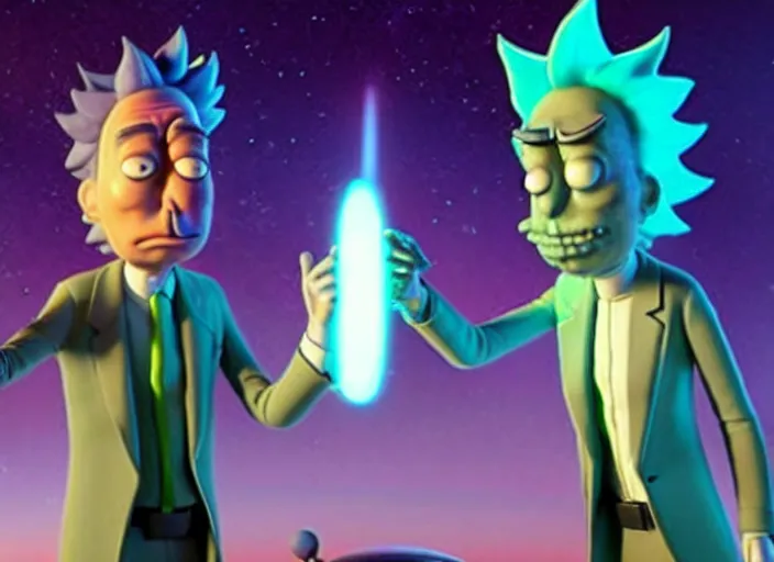 real life film still of rick sanchez and mortimer in, Stable Diffusion