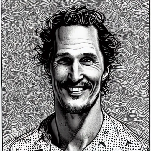 Image similar to a portrait drawing of Mathew McConaughey drawn by Robert Crumb